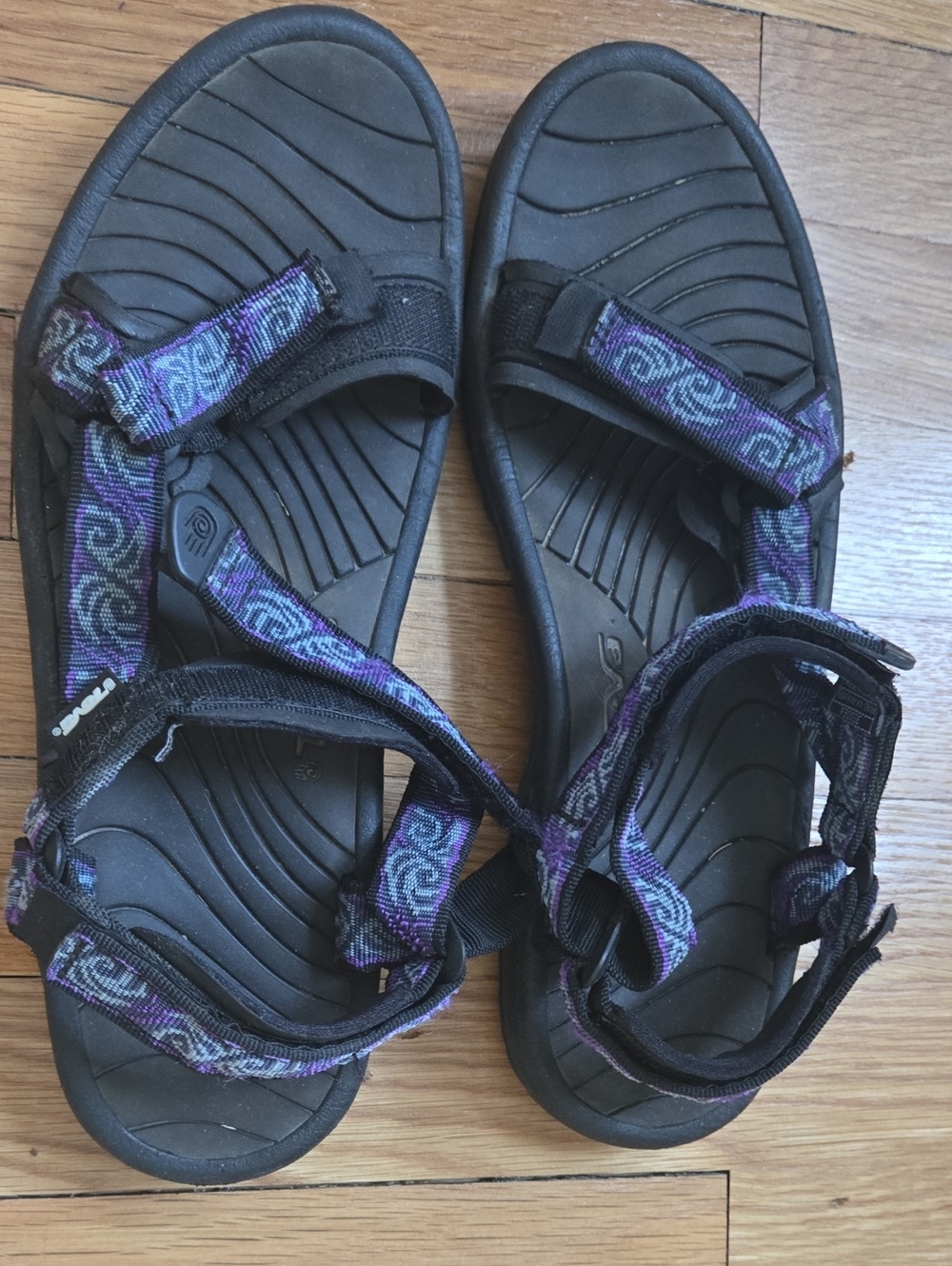Teva Women's Black Sandals with Purple Patterned Webbing, Size 11 Womens